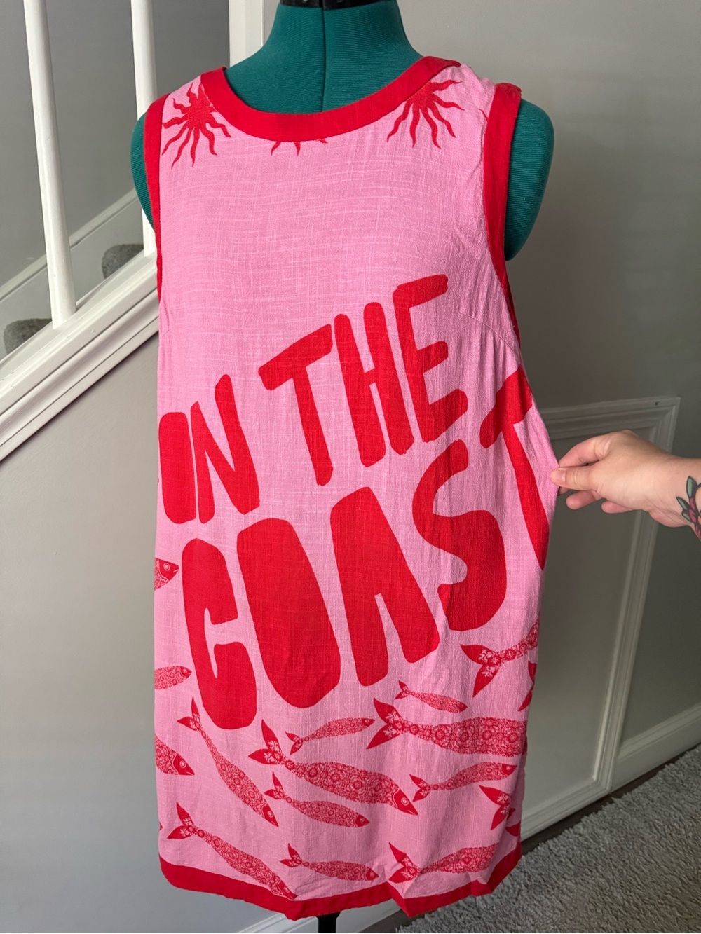 Sleeveless Pink Midi Dress with Red Coastal Graphic Linen Blend Euro Summer